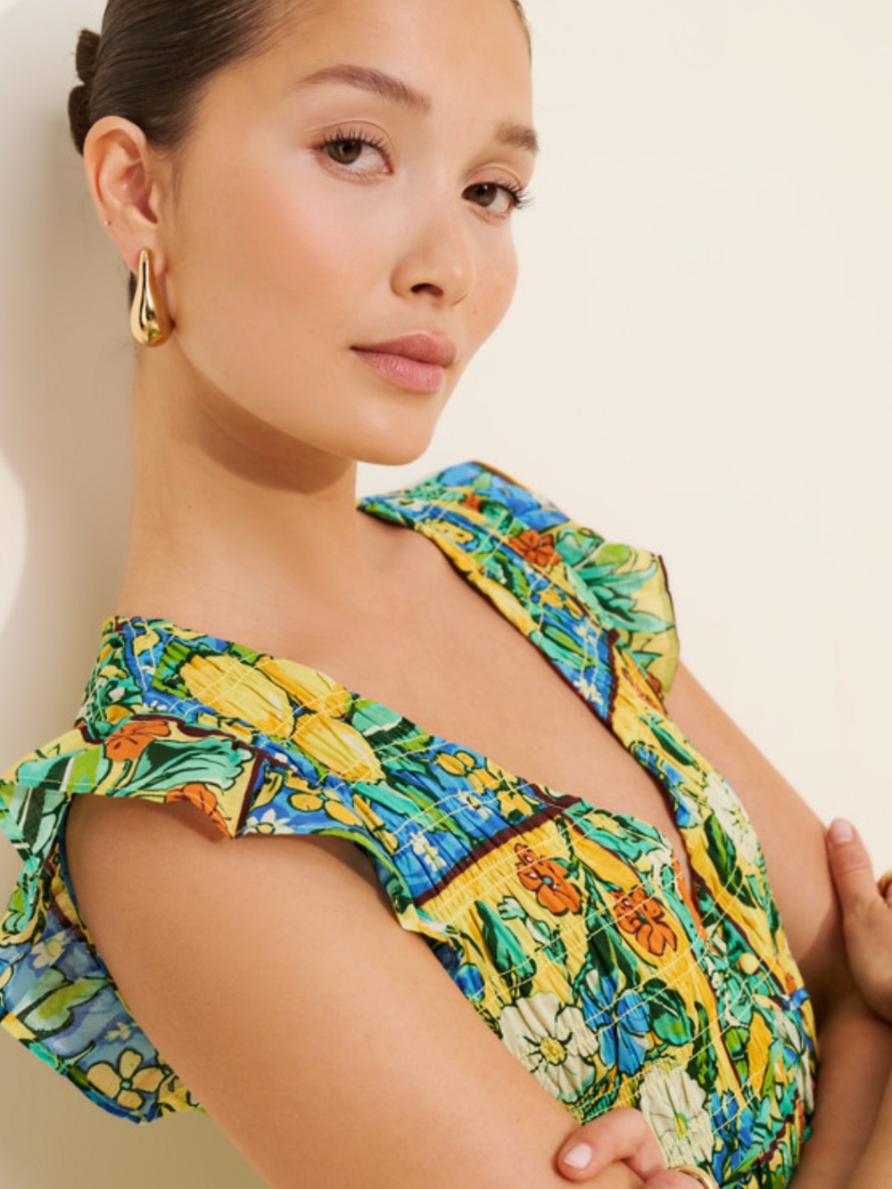 NWOT Anthropologie Peregine Flutter Sleeve Maxi Dress in lemon and floral print - Picture 4 of 13